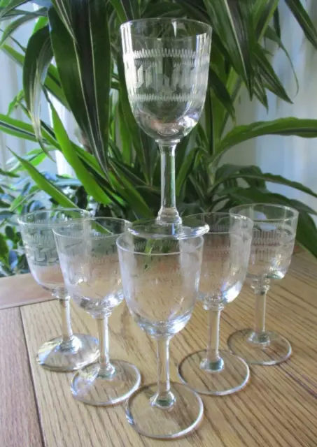 Set of 6 Antique Victorian sherry port glasses acid etched Greek Key design