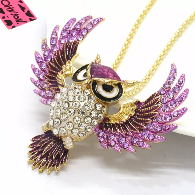Hot Fashion Lady Purple Enamel Cute Owl Animal Crystal Pendant Womens Necklace 3