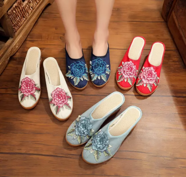 Women 7cm High Wedge Heel Embroidered Slippers Retro Ethnic Style Shoes Slingbac