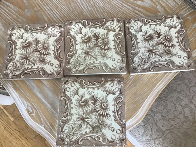 Set of 4 Victorian Aesthetic Movement  Chrysanthemum Daisy Fire Place Tiles