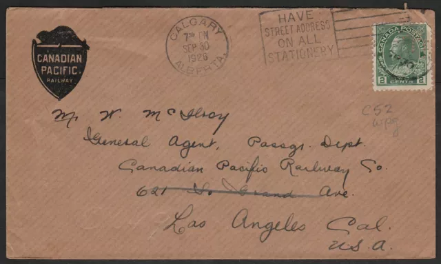 ⭐CPR PERFIN⭐ CANADIAN PACIFIC RAILWAY COVER -1926- to CPR - LOS ANGELES, CA, USA