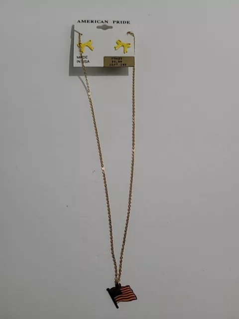 Vintage 1991 American Pride Yellow Ribbon Earrings Flag Necklace Desert Storm Z