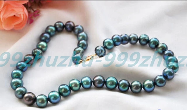 8-9mm Peacock Black Round Freshwater Cultured Pearl Necklace 14-28'' 14K Clasp