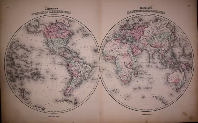 1863 Map ~ EASTERN & WESTERN HEMISPHERES of the WORLD, Johnson Map (18x27)-#1968