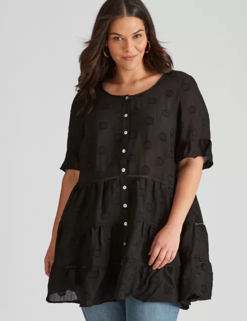 Plus Size - Womens Tops -  Woven Short Sleeve Frill Button Tunic - AUTOGRAPH