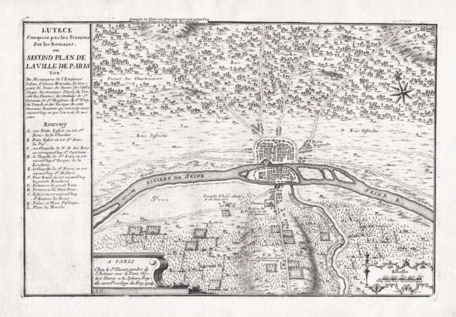 Paris Plan Stadtplan Roman antiquity map Karte carte gravure de Fer 1724