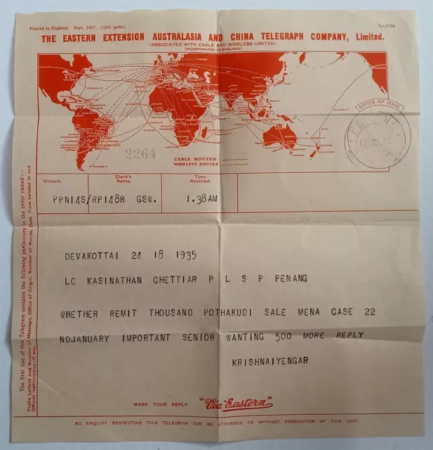 Malaya Australasia & China Telegraph Co. Illus. red MAP telegram u. 1941 Penang