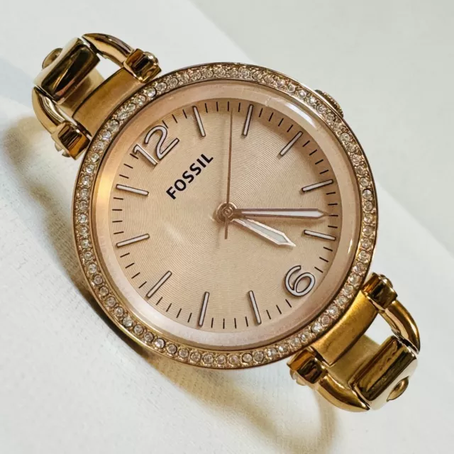 Fossil Georgia Women's Rose Gold Stainless Bracelet Watch Crystal Bezel ES3226