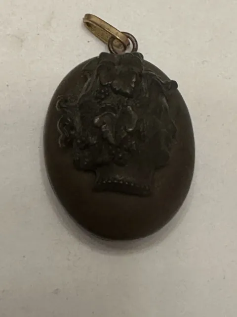 Victorian Antique Mourning Carved Bog Oak Cameo Lady Located Pendant