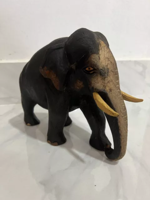 Ceylon Wood Elephant Statue Hand Carved Wooden Sculpture Lucky Figurine Mahogany