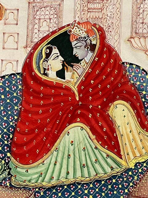Indien Image Gouache Peinture Vintage Main Peint Sur Soie De 2
