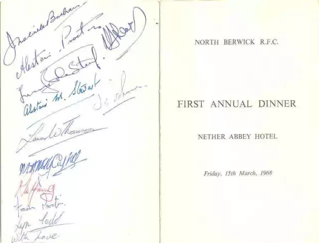 NORTH BERWICK 1st ANNUAL DINNER 15 Mar 1968 RUGBY MENU CARD, NETHER ABBEY HOTEL