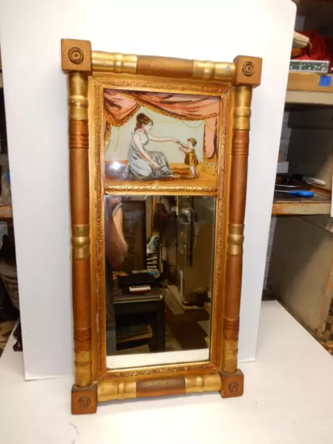 Antique Gilt Wood And Eglomized Tabler American Federal Wall Mirror Ca. 1840