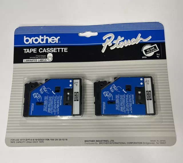 BROTHER P-TOUCH TAPE CASSETTE TC-34Z WHITE ON BLACK ( 2 PK) New