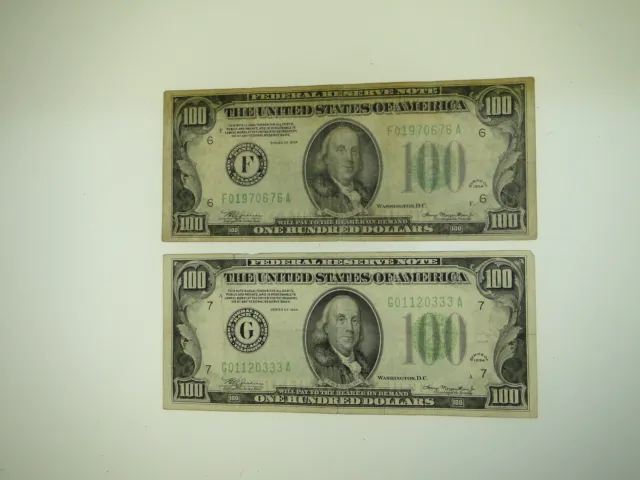 (2) 1934 $100 Green Seal Federal Reserve United States Currency Notes