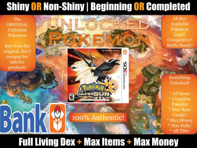 Unlocked Pokemon Ultra Sun + All 807 Pokemon Legal Shiny Max Item Money Events