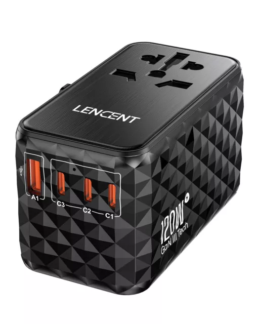 LENCENT Gan III Universal Travel Adapter Total 120W Super Fast Charger w/ 4 USB