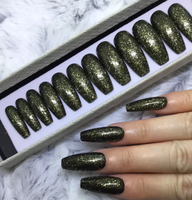 Black Gold Glitter Press On False XL Coffin Nails Set