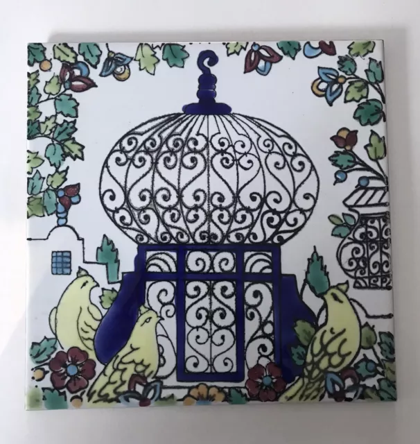 Vintage Ceramic Tile Art Birdcage Birds Floral Scroll Decorative Hand Painted