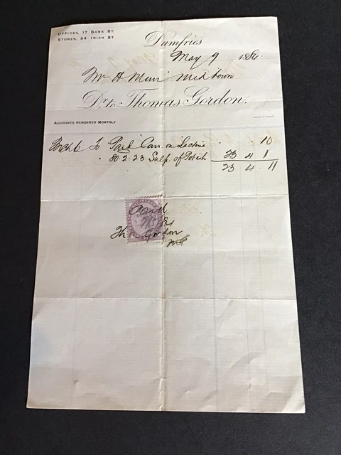 Dumfries Original 1884 Billhead For Goods Supplied “Thomas Gordon”