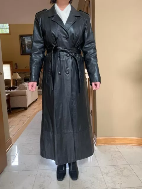 Women's Black Genuine Leather Trench Coat Size 8-10