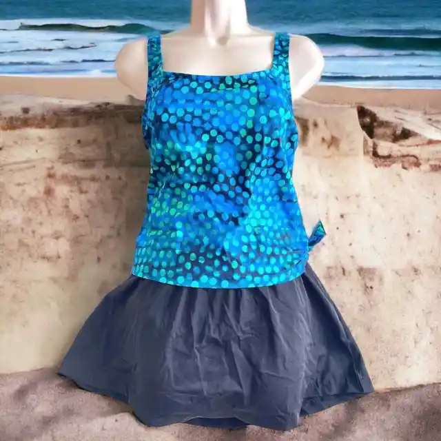 Vintage 80s Rose Marie Reid One Piece Swimsuit Black Skirt Blue Top Sz Medium