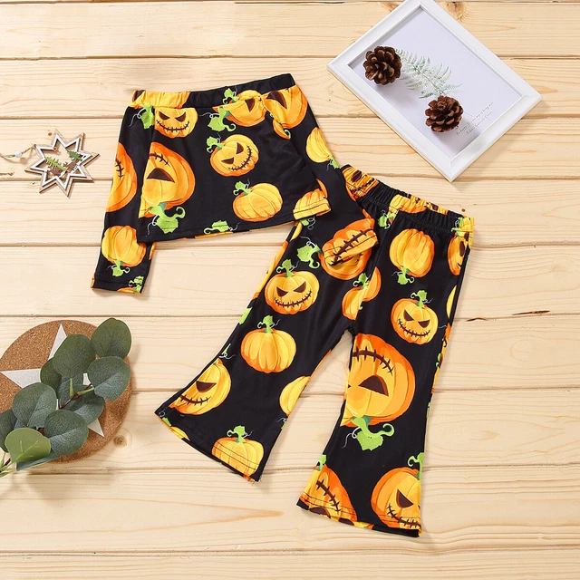 T-shirt Halloween bambini bambina abbigliamento stampa zucca manica lunga + pantaloni svasati