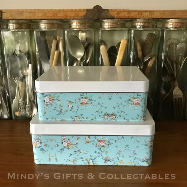 Set of 2 Vintage Style Blue Floral Tin Metal Kitchen Canisters Biscuit Tins