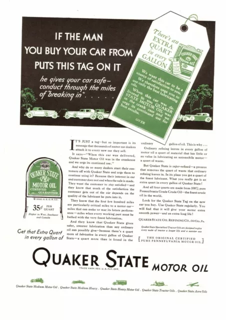 1930 Quaker State Motor Oil "Extra Quart In Every Gallon" New Car Tag Print Ad