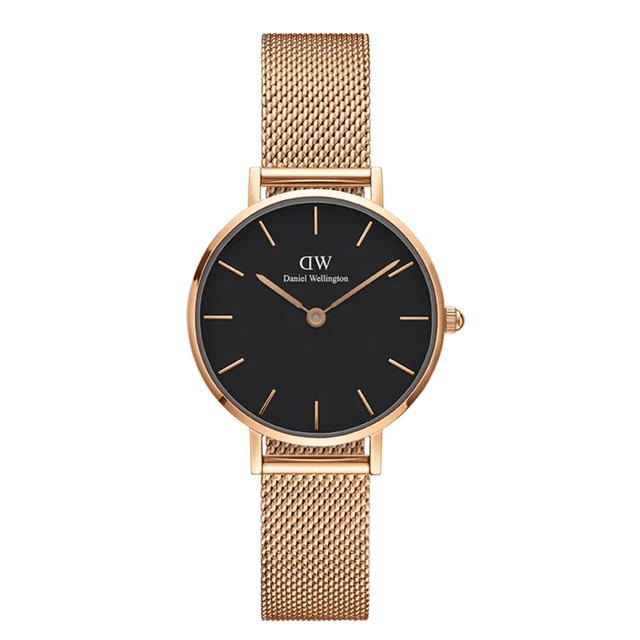 Daniel Wellington Petite Melrose Black Dial Rose Gold Mesh Strap Watch For Women - DW00100303