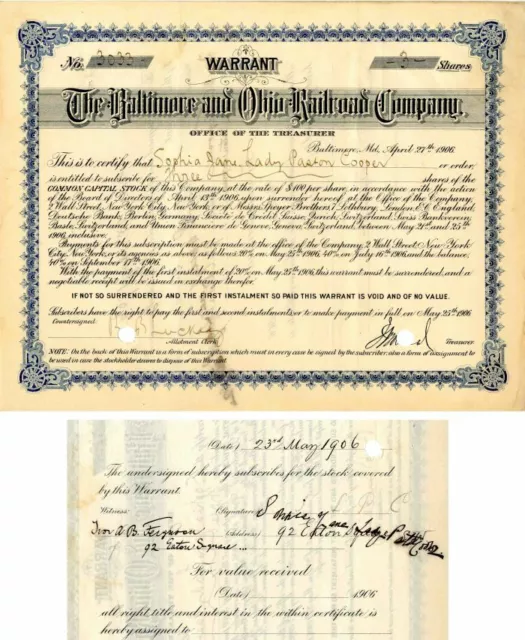 Baltimore and Ohio Railroad Co. Issued to and Signed by Sophia Jane Lady Pastor