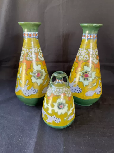 3 Vintage Art-Crafts Gouda - Arnhem Holland Dutch Folk Art Deco Plateel Vases