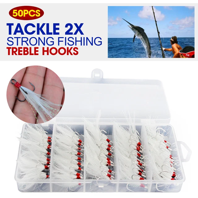 50 Pcs 2X Strong Fishing Treble Hooks Dressed 2/4/6/8/10# Tackle White Feather
