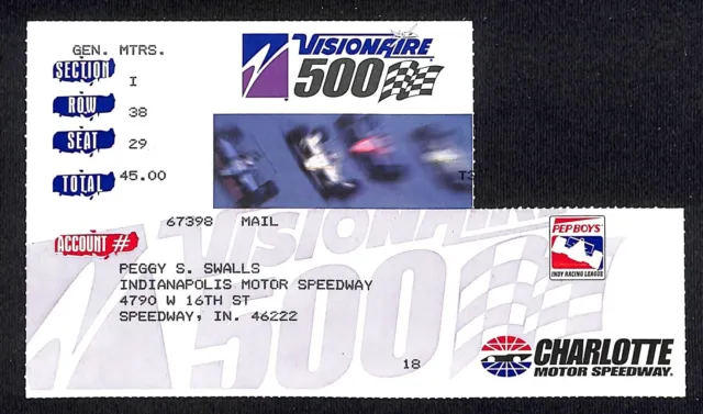 1998 Charlotte Motor Speedway Visionaire 500 - Indy Ticket Stub Peggy Swalls