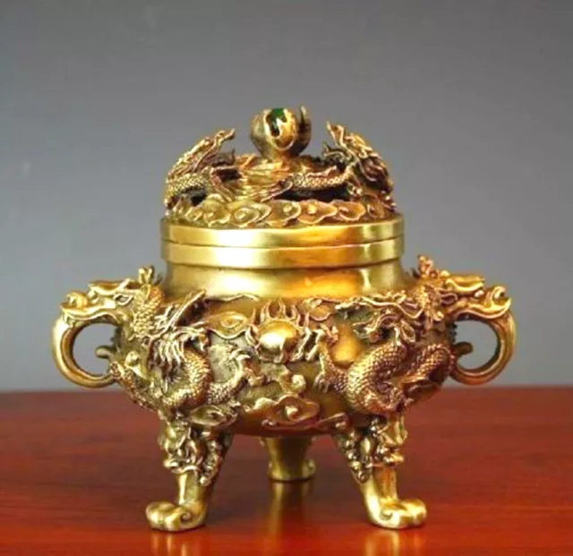 Fine Antique handwork bronze 9 dragon inlaid tripod Incense Burner "Ding" Censer