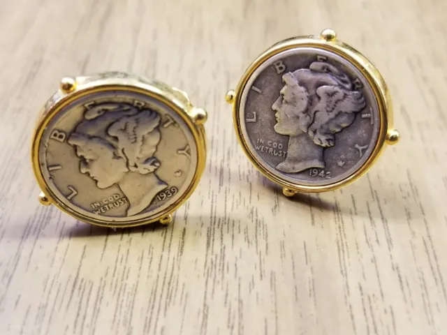 Genuine Silver Mercury Dime U.S. Coin Cufflinks Gold Tone Vintage Pair Set