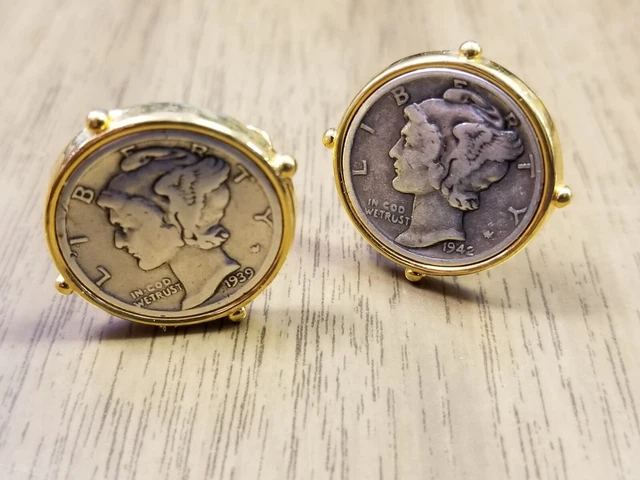 Genuine Silver Mercury Dime U.S. Coin Cufflinks Gold Tone Vintage Pair Set Genuine Silver Mercury Dime U.S. Coin Cufflinks Gold Tone Vintage Pair Set