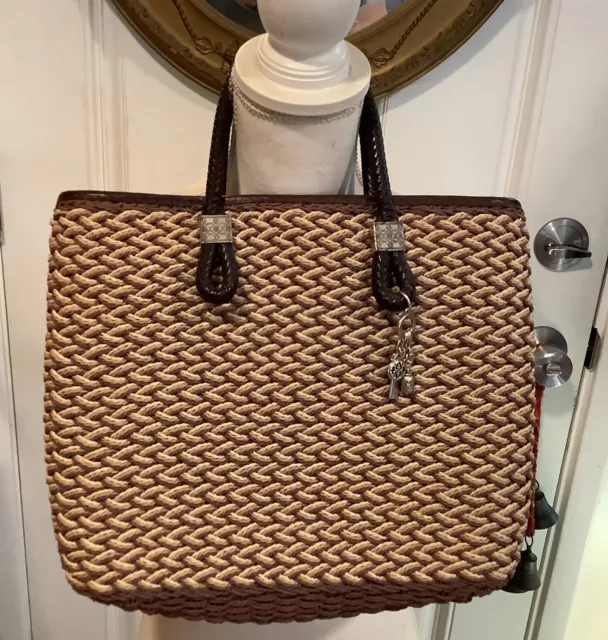 Brighton beige brown straw woven leather floral shoulder purse bag 11"x14"
