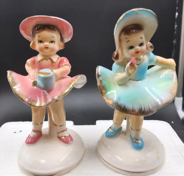 2 MCM Japan Ceramic Baby Girls w/Bonnet Flowing Dress Figurine Japan