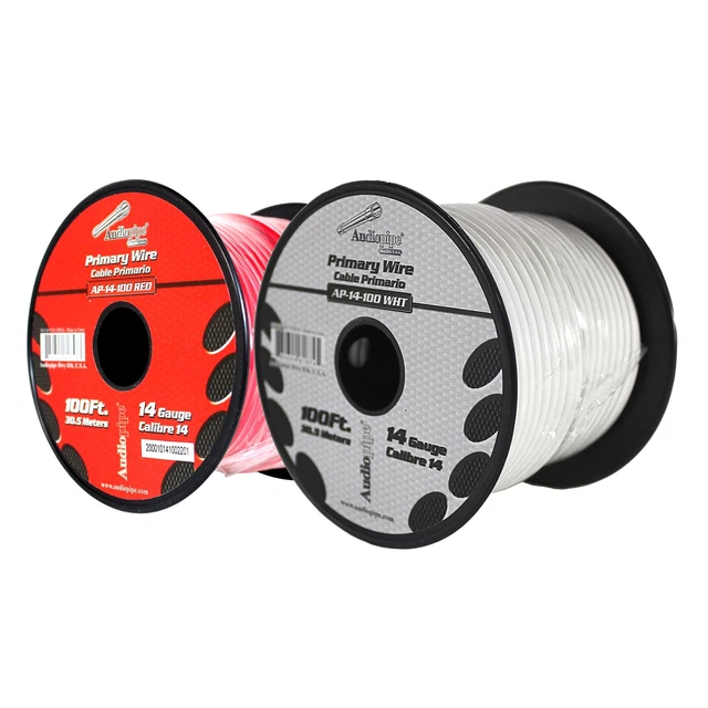 Bote de cable remoto de alimentación a tierra primaria Audiopipe (2) 14ga 100 ft CCA rojo y blanco