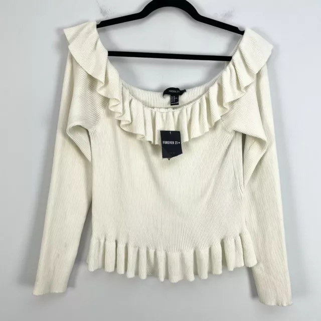 NWT Forever 21 Womens Ivory Ruffle Sweater Plus Size 3X Scoop Neck Knit Top