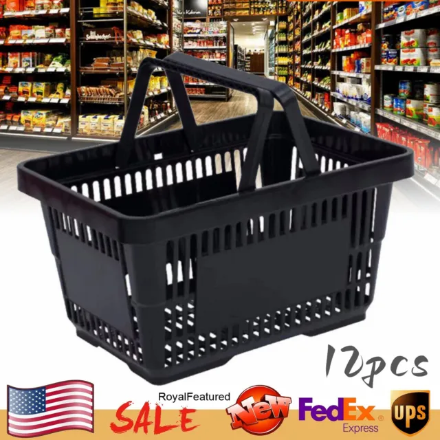 12pcs Black Plastic Shopping Basket Supermarket Grocery Retail Store w/Handles