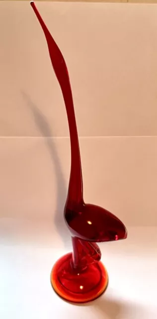 Vintage Viking Glass Long Neck EGRET Bird 12” Figurine Ruby Red Amberina Base