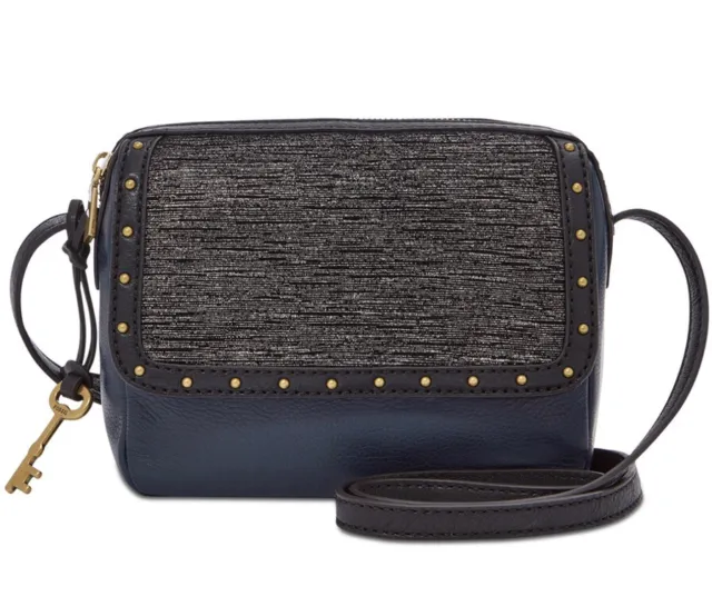 Fossil Aria Colorblocked Small Crossbody Leather Studded  Midnight Navy NWT $178