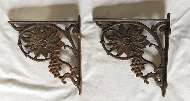 PAIR (2) Vintage CAST IRON SHELF BRACKETS 11" x 10" SUNFLOWER FLORAL & GRAPES ??