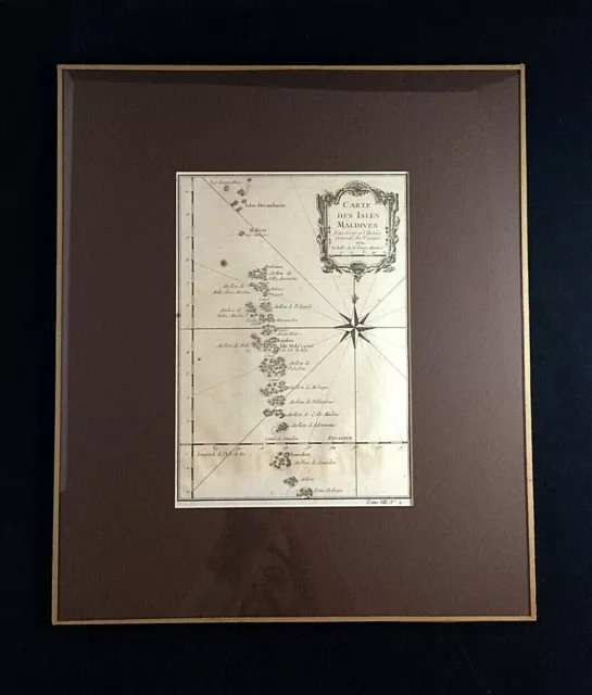 ORIGINAL ENGRAVING. MAP OF THE MALDIVES ISLANDS. COOK TRAVEL. 18th century. FRAMED