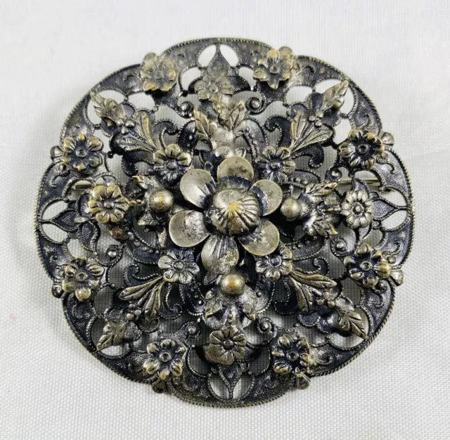 Antique Victorian Art Nouvea Silvertone Floral Pattern Brooch