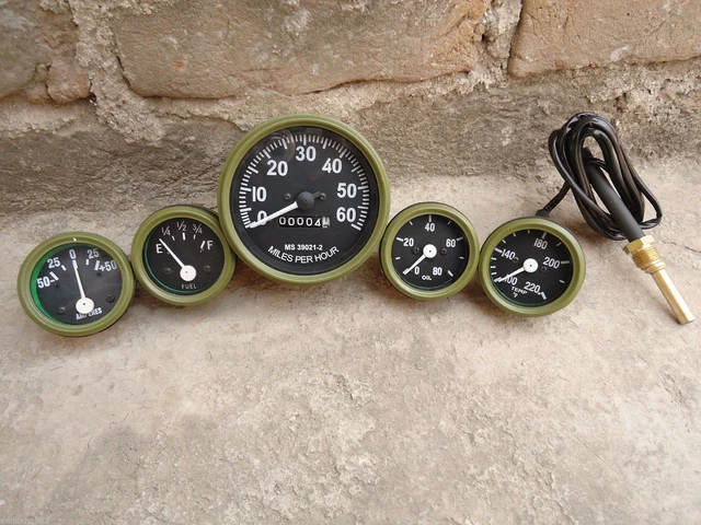 Willys MB Jeep Ford GPW Gauges Kit - Speedometer Temp Oil Fuel Ampere OLIVE