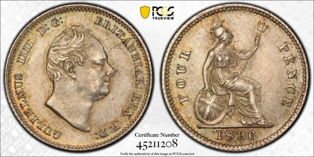 Silver 1836 Great Britain 4 Pence Groat S-3837 | PCGS MS64