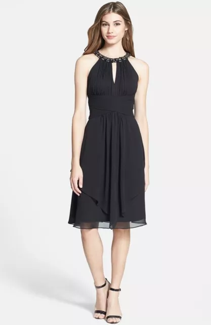 Eliza J Embellished Neck Layered Chiffon Fit & Flare Dress size 6 black